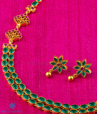 Two-layered gold dipped green kempu stone necklace