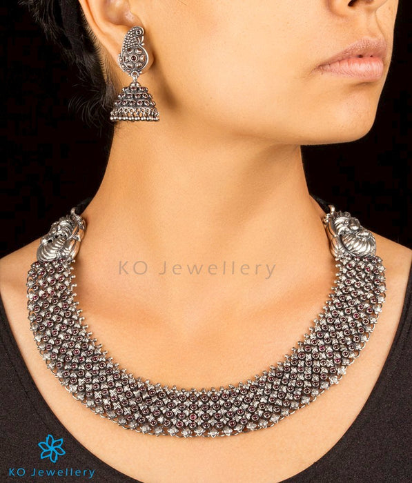 The Ahibhuj Antique Silver Peacock Necklace (Oxidised)