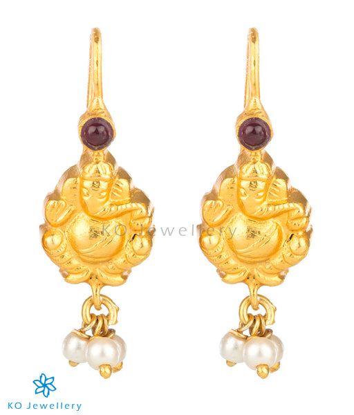 925 stamped silver Ganesha earrings with dangling pearls