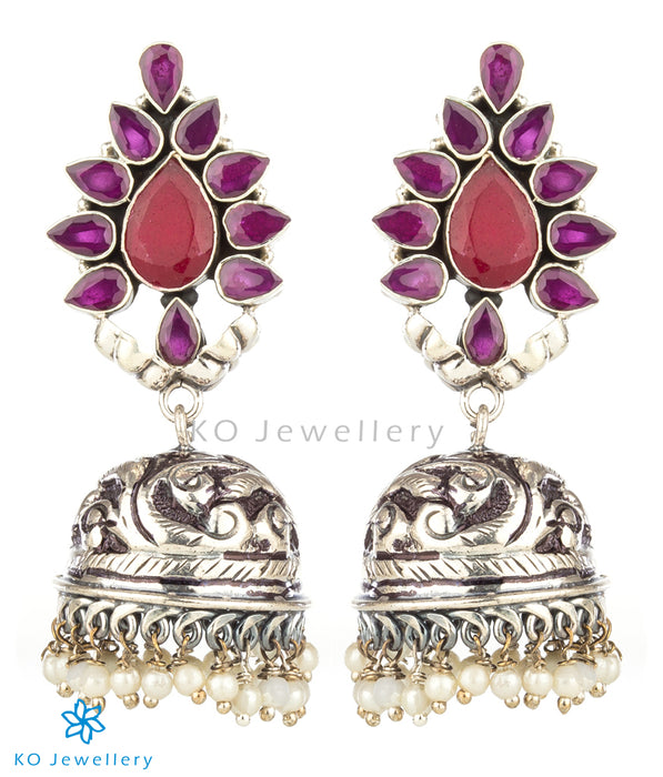 The Aarzoo Silver Gemstone Jhumka(Red)