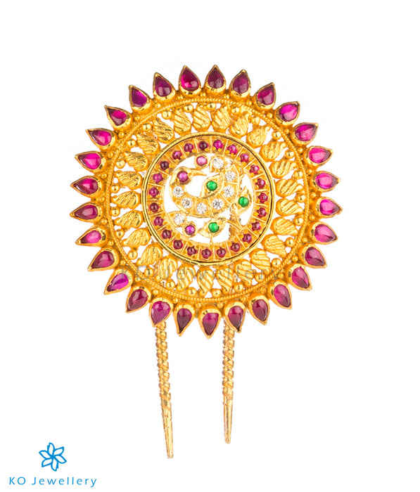 Temple jewellery gold plated hair pin with peacock motif