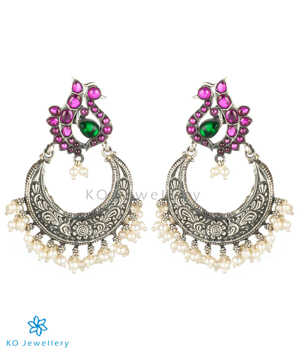 The Lasaka Silver Peacock Chand-Bali Earrings (Oxidised)
