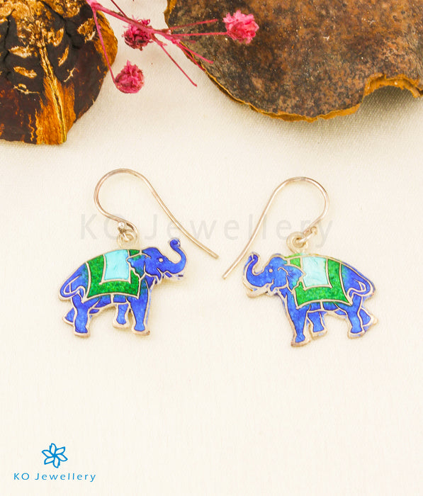 The Gaja Silver Meenakari Elephant Earrings (Blue)