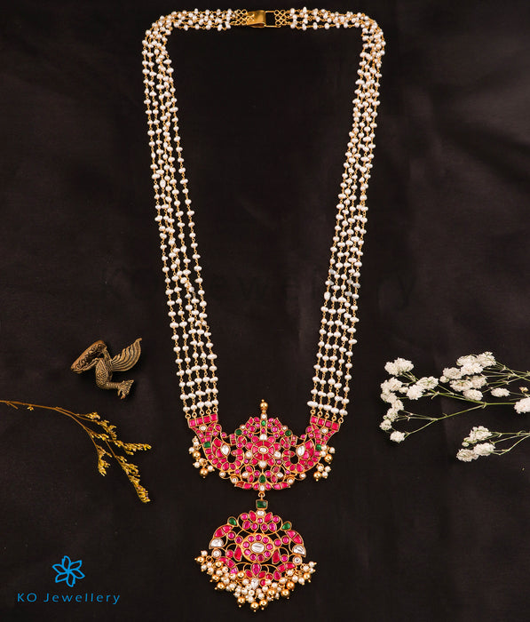 The Ravina Silver Kundan Peacock Pearl Necklace (5 strands)