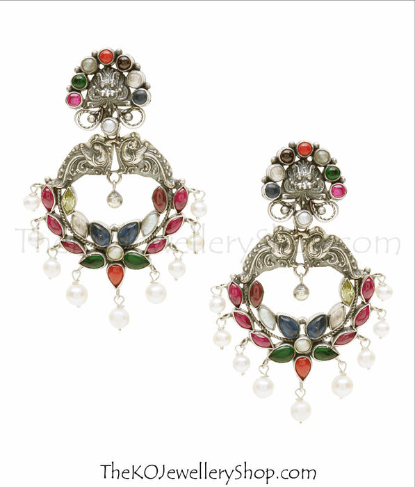 Hand crafted silver navratna earrings shop online