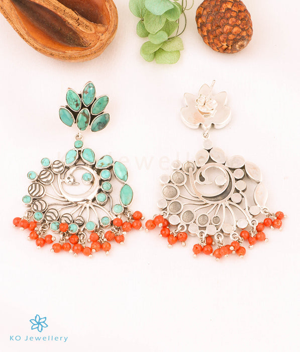 The Veda Silver Peacock Gemstone Earrings (Turquoise)