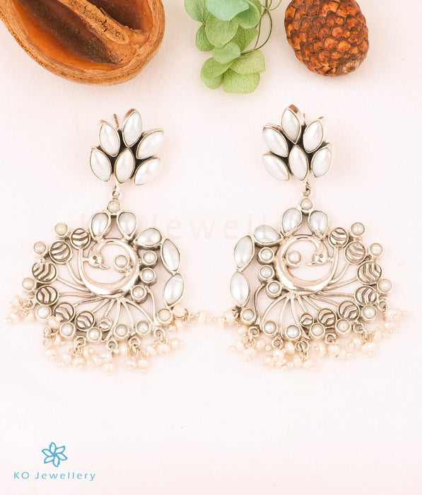 The Veda Silver Peacock Gemstone Earrings (Pearl)