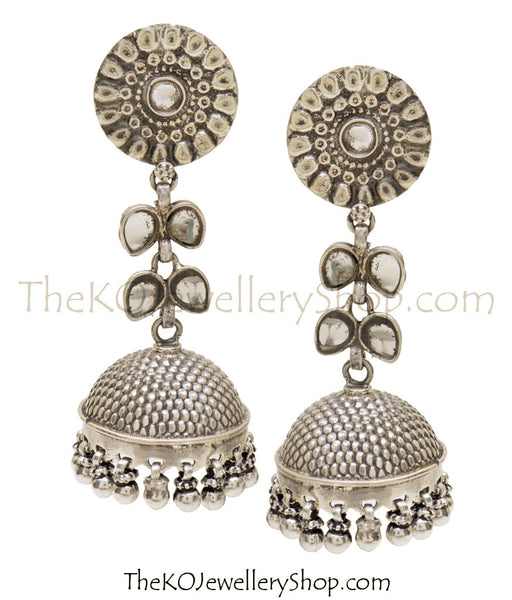 Festive themed hand crafted silver jhumka for women