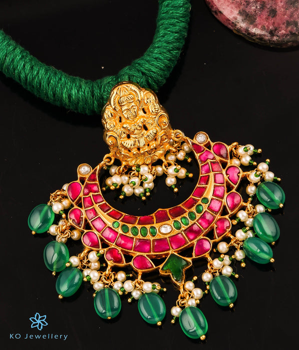 The Sejal Silver Jadau Lakshmi Thread Necklace (Green)