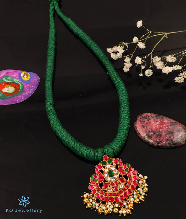 The Ruhiya Silver Jadau Peacock Thread Necklace (Green)
