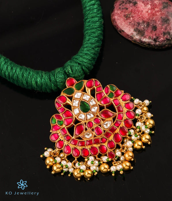The Ruhiya Silver Jadau Peacock Thread Necklace (Green)