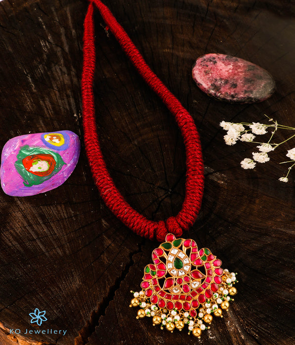 The Ruhiya Silver Jadau Peacock Thread Necklace (Red)