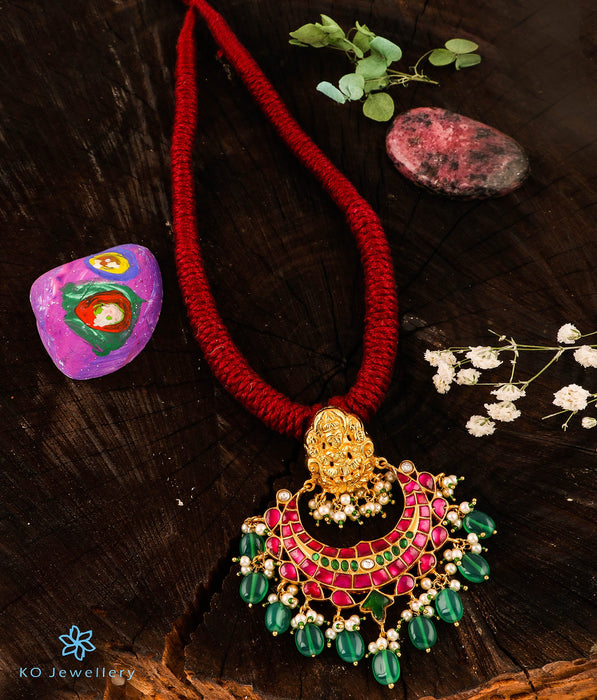 The Sejal Silver Jadau Lakshmi Thread Necklace (Red)