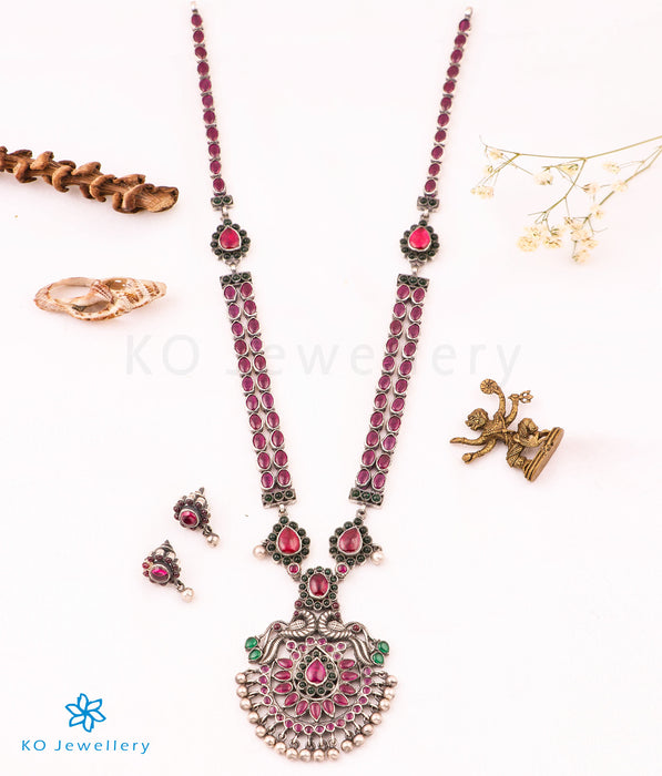 The Kumaravahin Silver Peacock Kempu Necklace (Oxidised)