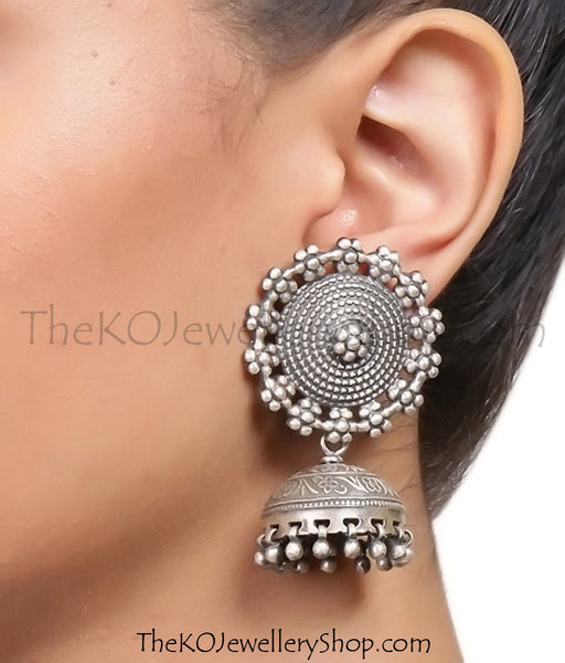 Big ear-stud hand crafted silver jhumka shop online