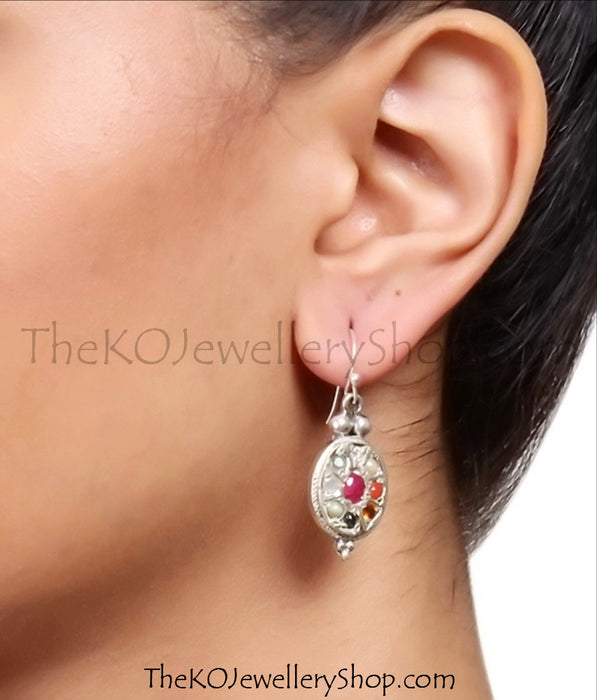 Buy online hand crafted silver navratna earrings for women