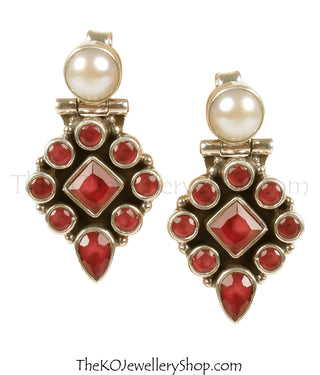 Stylish red zircon and pearl earrings for work