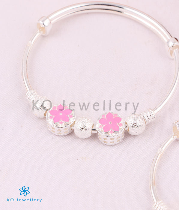The Pink Flower Silver Kids Bangles (Pair/1-6 yrs)