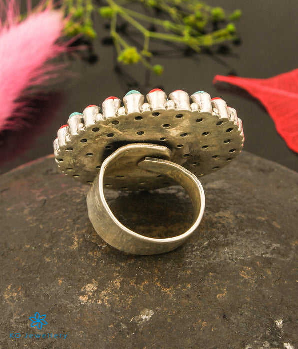 The Prisha Silver Gemstone Cocktail Finger-ring(Coral/Turquoise)
