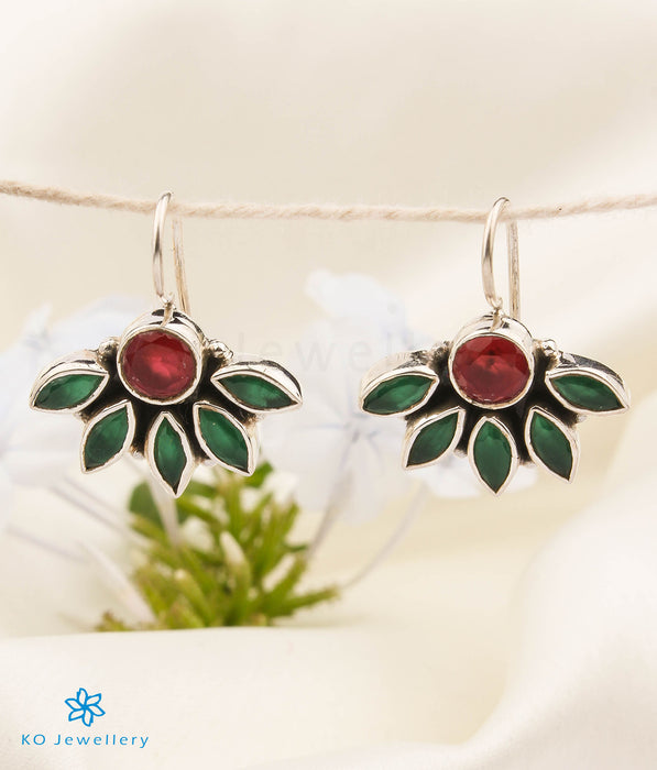 The Prerna Silver Gemstone Earrings (Hook/Red/Green)