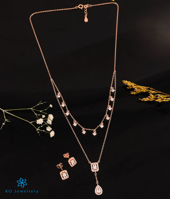 The Bling Silver Rose-gold 2 Layered Necklace & Earrings