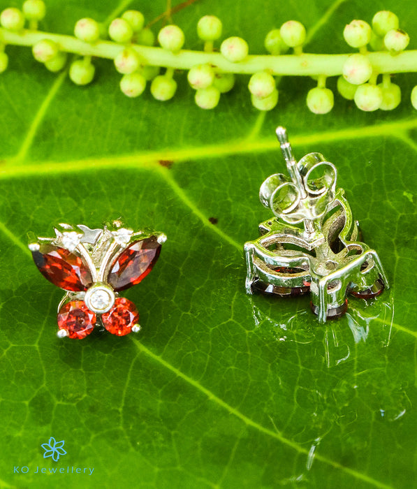 The Butterfly Silver Gemstone Ear-studs (Garnet/Red)