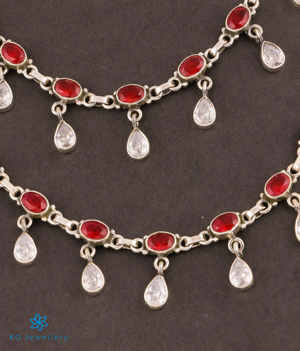 The Rudhira Silver Gemstone Anklets (Red/White)