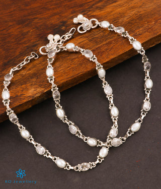 The Dyut Silver Gemstone Anklets (Pearl/White)