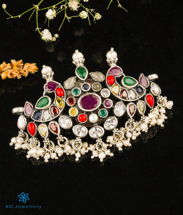 The Tanishka Silver Navratna Choker Necklace (Oxidised)