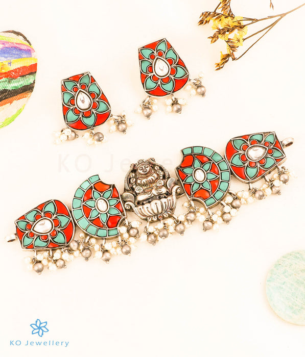 The Bhadrika Silver Lakshmi Choker Necklace & Earrings