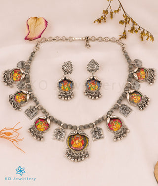The Siddhipriya Silver Antique Handpainted Ganesha Necklace & Earrings