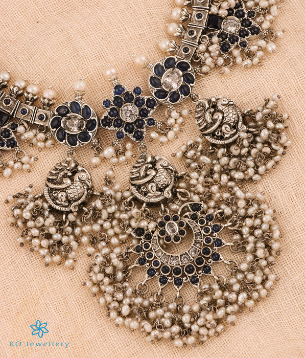The Marala Silver Guttapusalu Necklace (Oxidised/Blue/Rice Pearl)