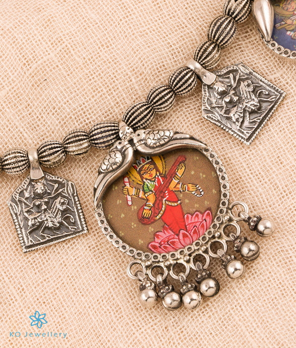 The Shambhavi Silver Antique Handpainted Lakshmi Necklace & Earrings