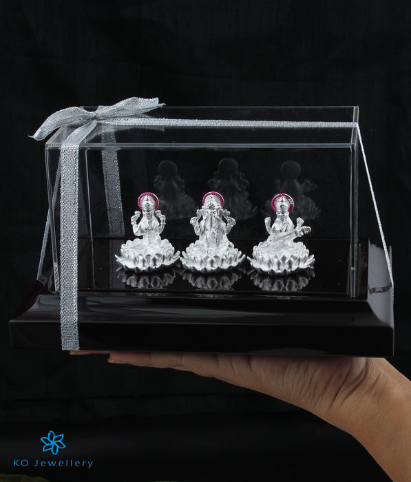 The Bhavya Lakshmi, Ganesha, Saraswati 999 Pure Silver Idol