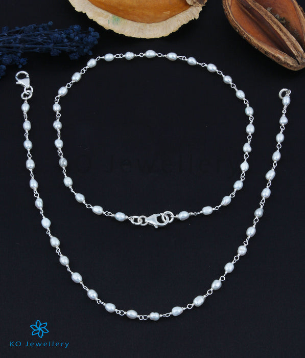 The Samudra Silver Pearl Anklets (Bright Silver)