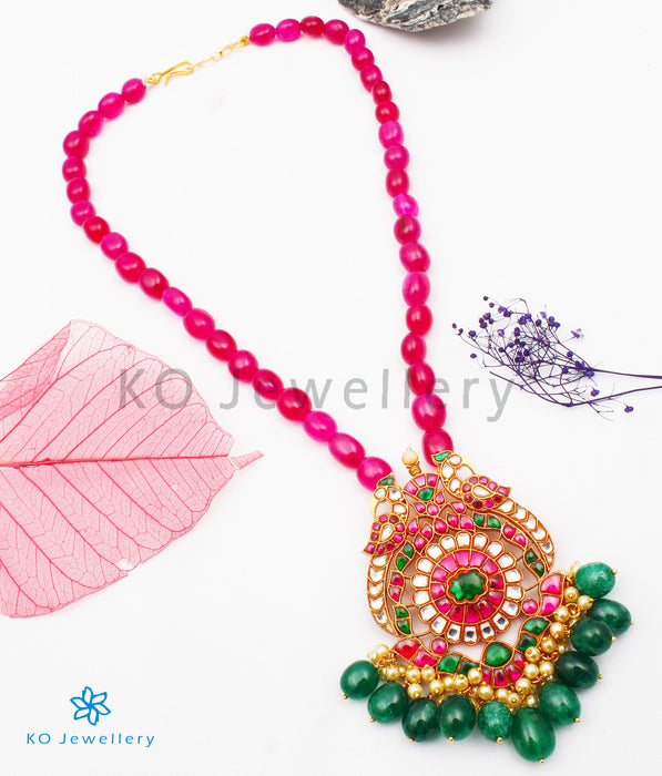 The Keya Silver Jadau Peacock Necklace (Red)
