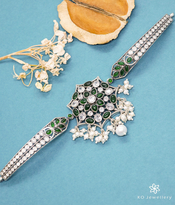 Pure silver necklace with emerald kempu stone, buy stylish jewellery online