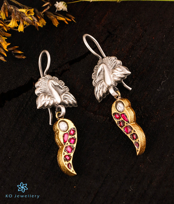 The Parijata Silver Peacock Kundan Earrings (Hook)