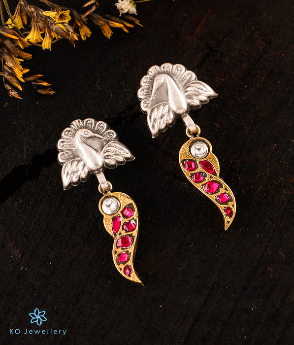 The Parijata Silver Peacock Kundan Earrings (Red)