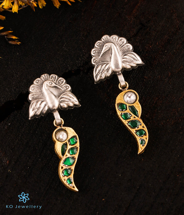 The Parijata Silver Peacock Kundan Earrings (Green)