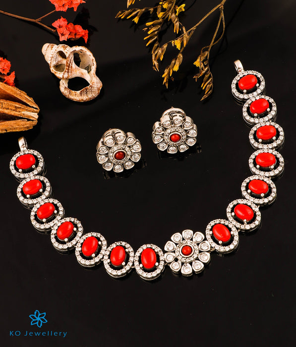 The Victorian Silver Choker Necklace & Earrings (Bright Silver/Coral)