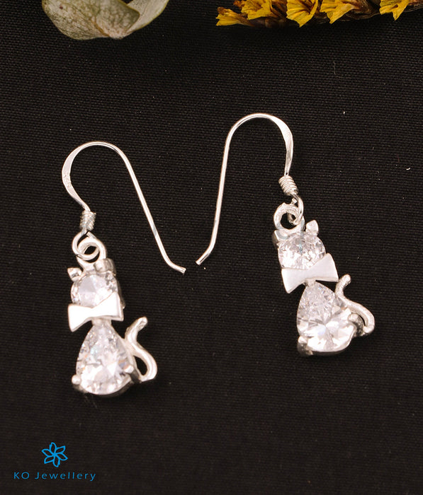 The Kitty Cat Silver Earrings (White)
