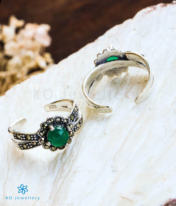 The Floral Sparkle Silver Marcasite Toe-Rings (Green)