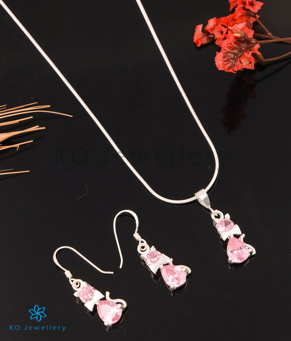 The Sparkling Kitty Cat Silver Pendant Set (Pink)