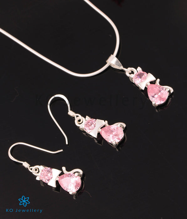 The Sparkling Kitty Cat Silver Pendant Set (Pink)