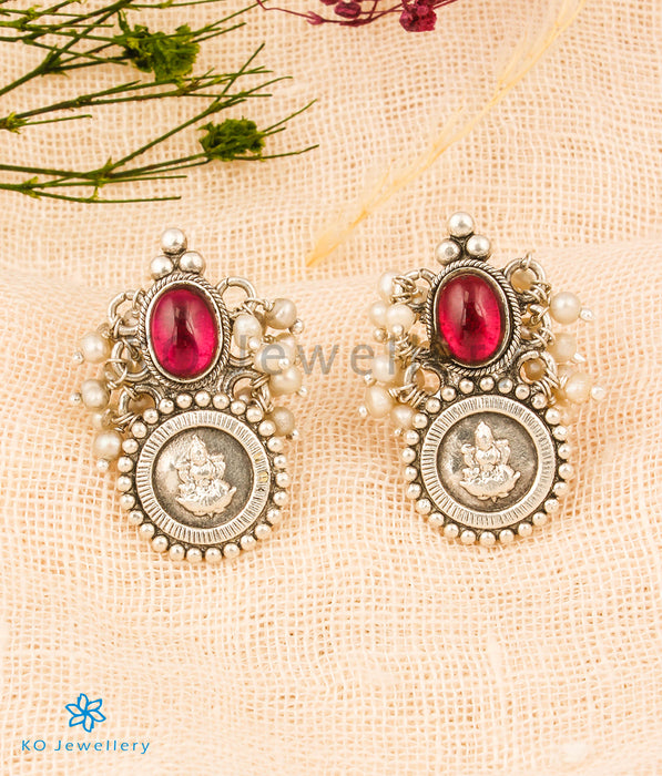 The Bhavya Silver Lakshmi Earrings (Red)