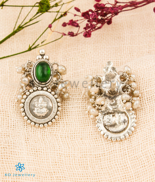 The Bhavya Silver Lakshmi Earrings (Green)