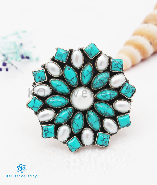 The Iha Silver Gemstone Cocktail Finger-ring(Pearl/Turquoise)