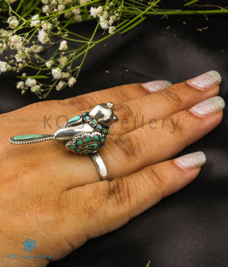 The Pakshi Silver Turquoise Statement Open Finger Ring