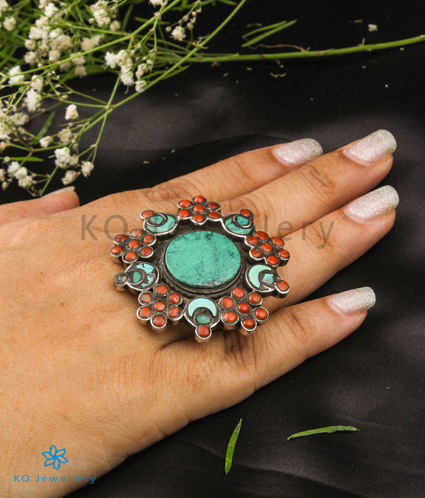 The Chand Silver Coral/Turquoise Statement Open Finger Ring